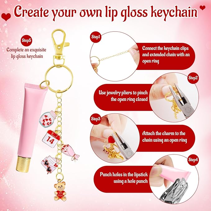 PYURTHITY 254 Pcs Valentine's Day Lip Gloss Keychain Charms Making Kit Include Valentine's Day Enamel Charms Keychain Clips Extender Chains Jump Ring Plier DIY Jewelry Crafts Gifts for Women Adults