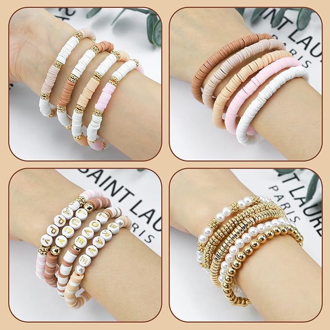 LUDUKOO Clay Bead Bracelet Kit, 2370Pcs Flat Polymer Clay Heishi Beads Bracelet Making Kit for Girls Adults, DIY Friendship Bracelet Kit with Gold Beads Letter Beads Pearl Beads for Bracelets