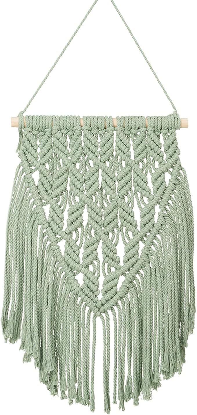 small macrame wall hanging decor boho tapestry for bedroom living room dorm nursery and office, cute aesthetic wall art for small spaces for teen girls and home decor (light green, 16*10 inch)
