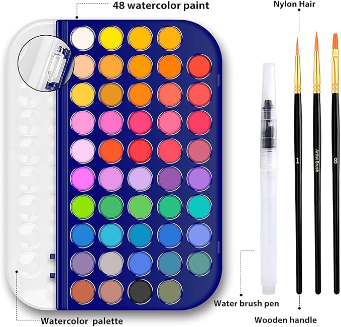 Watercolor Paint Set, 48 Colors Non toxic Watercolor Paint with a Brush Refillable a Water Brush Pen and Palette, Washable Water Color Paints Sets for Adults Artist Beginner
