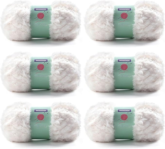 6 Skeins Faux Fur Yarn Soft Fluffy for Crocheting - Chunky Fuzzy Yarn for Crochet Amigurumi, Hat, Shawls, Total Length (71x6) Yards (Cream)