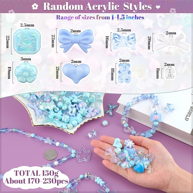 200-260pcs tinkrstuff assorted blue acrylic beads for bracelet making, cute beads for jewelry making flower bow butterfly candy gummybear aesthetic bracelet charms, diy necklace keychain phone charm