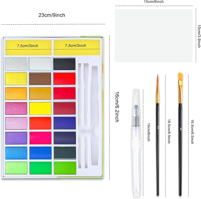 24 Colors Large Block Watercolor Paint Set for Watercolors Workbook, Portable Water Colors Paint Kit with 2 Paintbrushes 1 Waterbrush, for Painting Beginners & Professional Amateur Hobbyists(12Classic +8 Metallic +4 Fluorescent )