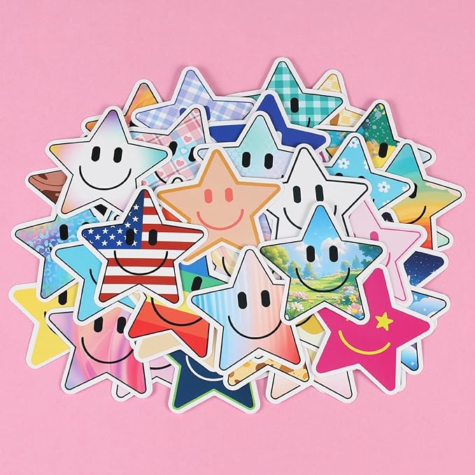 wercokt 50pcs smiling star stickers, cute water bottle stickers for kids, for teaching rewards, notebooks, stationery, luggage, cartoon pvc happy stickers