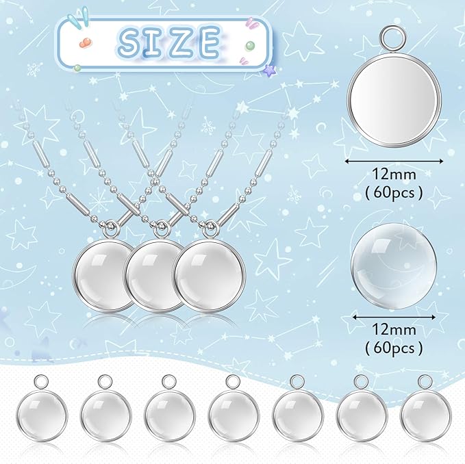 Hicarer 120 Pieces 12mm Stainless Steel Pendant Tray Blanks Kit Including 60 Pcs Silver Round Frame Tray Bases and 60 Pcs Clear Glass Cabochons Pendant for DIY Jewelry Making