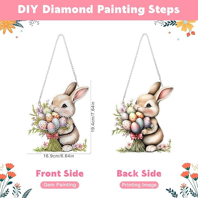 NAIMOER Easter Bunny Diamond Art Hanging Kits for Adults, 5D Special Shaped Rhinestone, DIY Acrylic Spring Diamond Art Painting Window Pendants Home Garden Wall Hanging Ornament Kits, Double Sided
