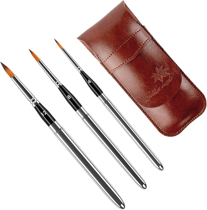 Travel Watercolor Brushes, Golden Maple 3pcs Watercolor Travel Brushes with Leather Pouch - Pointed Round for Watercolor Acrylics Gouache Ink Painting