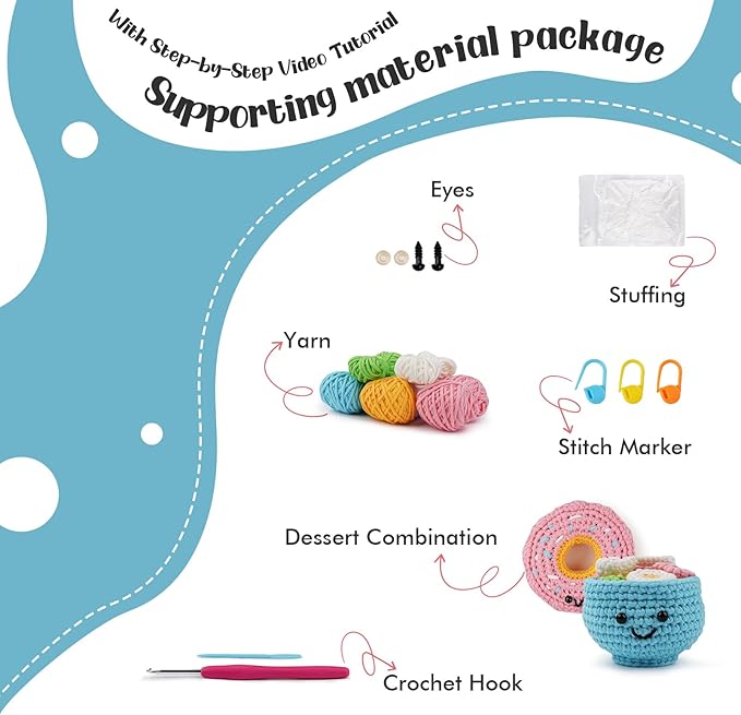 LetCartMaker Beginner Amigurumi Crochet Kit with Video Tutorials - Pizza, Croissant or Dessert Theme | Complete Starter Set for Kids & Adults (Yarn, Hook, Eyes Included) (Donut & Dessert Cup Duo)