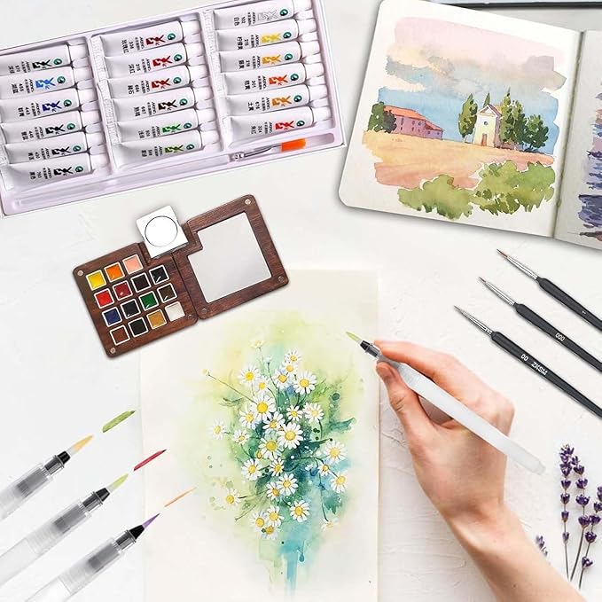 Mini Watercolor Paint Palette Set - Travel Watercolor Set, Pocket Artist Water Color Travel Set with 18 Colours, Paintbrushes, Watercolor Pens, Wooden Palette Box for Painters Artists Students