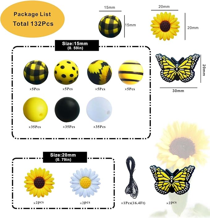 132pcs Butterfly Silicone Beads Bracelet Making Kit, 15mm Yellow Black White Round Silicone Bead Bulk, Sunflower Craft DIY Keychain Wristlet Jewelry Making with Elastic Rope