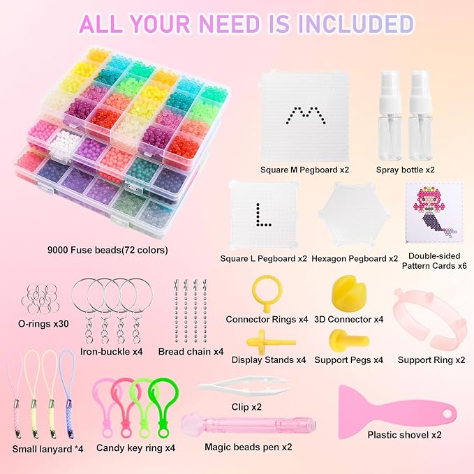 9000 pcs non-iron fuse beads kit, 72 colors, 5mm spray-activated beads with pegboards & accessories for kids diy crafts and art gifts