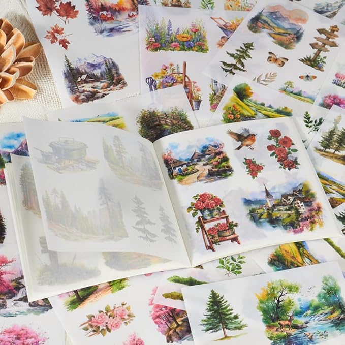 Seasonal Nature Landscape Stickers for Junk Journal Supplies, 50 Sheets Pre-Cut Washi Scrapbook Sticker Book for Journaling, Scrapbooking, Bujo, Planners, Card Making, Collage, Art Crafts