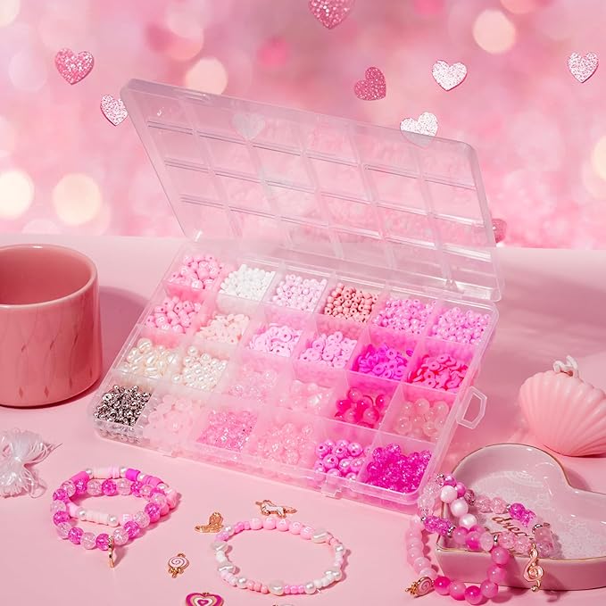 Miss Rabbit Pink Clay Beads Bracelet Making Kit,3500Pcs Valentines Beads,Friendship Bracelet Kit for Jewelry Making with 6 Kinds of Unique Glass Seed Bead