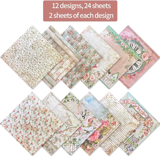6x6” 160gsm cardstock Single Sided Scrapbooking 24 Papers Pad vintage decoupage scrapbook kit patterned paper junk journal supplies journaling supply scrap paper crafting Rose Garden