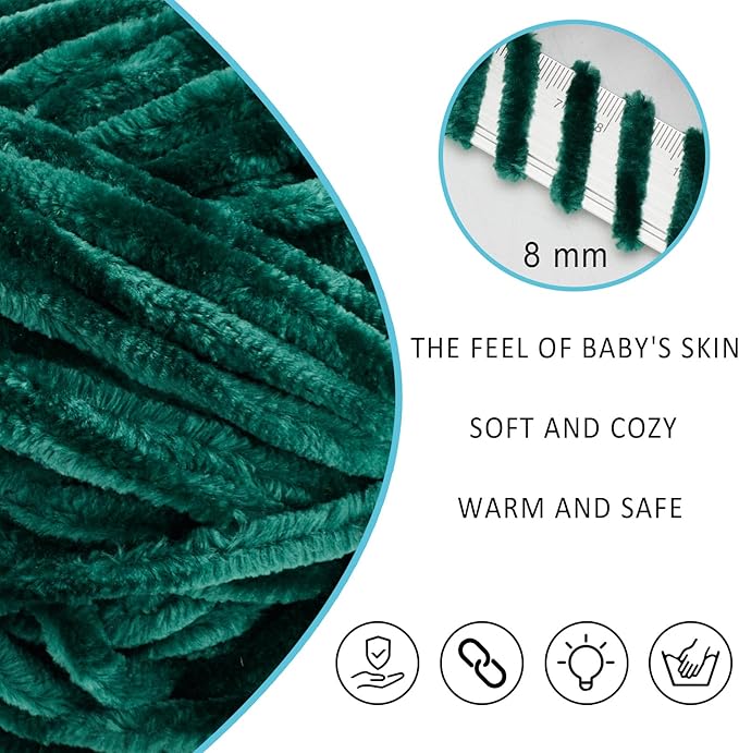 Velvet Yarn Chenille Yarn for Crocheting and Knitting Soft Chenille Bulky Baby Blanket Yarn DIY Weaving Craft 8pack Dark Green(4oz 66yds Each)
