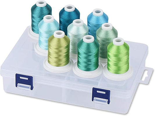 Simthread Embroidery Thread with Storage Box - 12 Options - 800 Yards/Spools, 9 Turquoise and Mint Green Colors for Embroidery and Sewing Machine