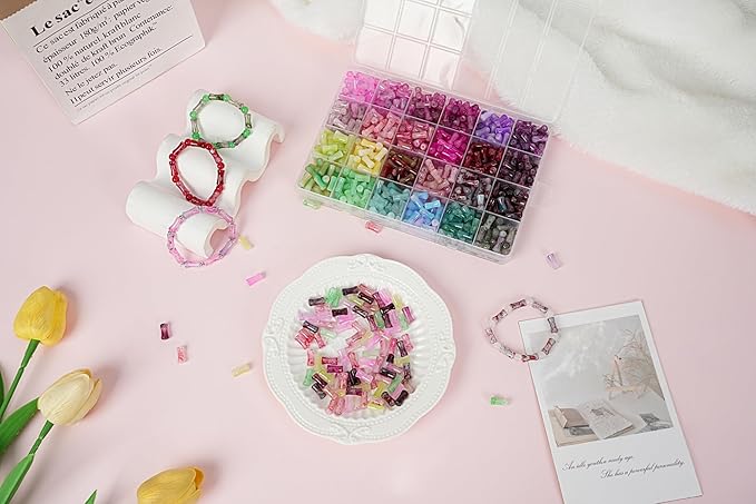 REVKI 6 * 12mm Glass Beads Bracelet Making Kit for Kids,600pcs 24 Colors Natural Bamboo Crystal Beads for Jewelry Making,Glass Beads for DIY Necklace Crafts