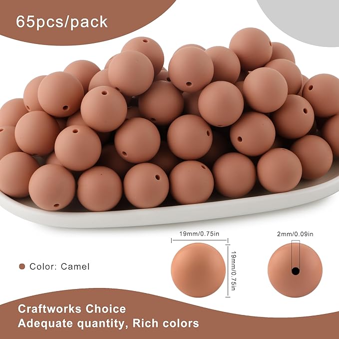 65Pcs 19mm Silicone Beads for Keychain Making Bracelet Necklace, Bulk Round Silicone Beads for Pens（Camel）