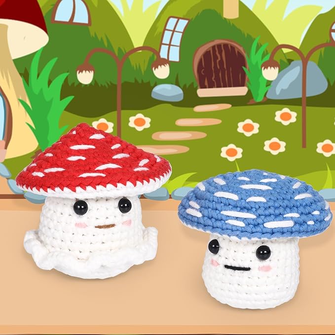 Crochet Kit for Beginners: 2 PCS Red & Blue Mushroom Starter Crochet Kits with Step-by-Step Video Tutorials and Yarns, Hook, Accessories, DIY Craft Gift for Adults and Teen(30%+ Yarn)