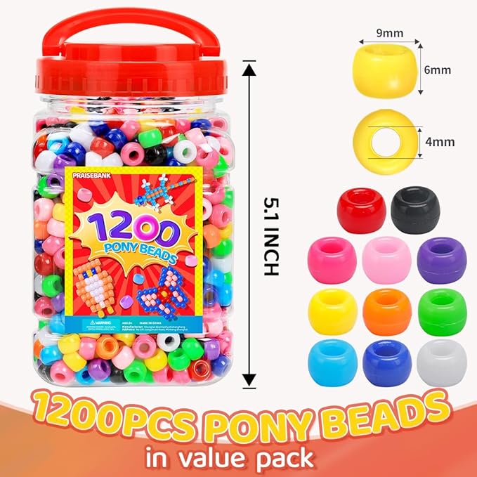 praisebank pony beads, 1200pcs 6x9mm, wholesale beads, bracelets jewelry making, arts & crafts(multi-colored)