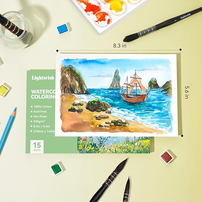 Lightwish Watercolor Coloring Book for Adults & Beginners,100% Cotton 300gsm/140lb Acid-Free Hot Press Paper, 8.3 x 5.6 Inches,15 Sheets,Landscape-Themed