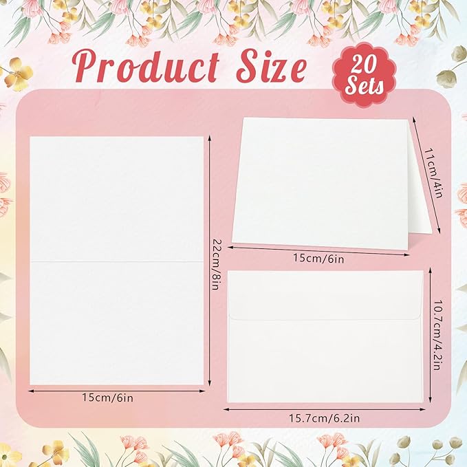 20 Sets Watercolor Cards with Envelopes, 140lb/300GSM Watercolor Paper Cards, 4x6 Inch Foldable Blank Cards and Envelopes for Wedding Invitations Greeting Thank You Card Mothers Day Gifts for Mom