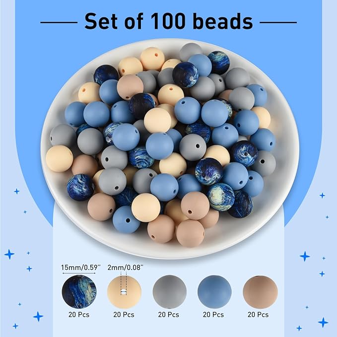 ASTARON 100 Pcs 15mm Silicone Beads for Keychain Making, Blue Grey Beads Bulk Round Beads for Bracelets Crafts Beadable Pens Decorations Jewelry Making Supplies