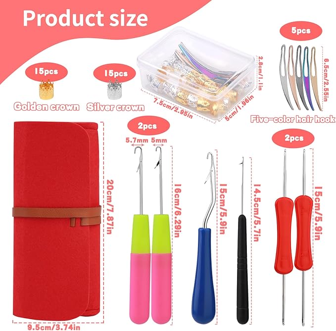 Dreadlock Crochet Hook, 48 Pcs Loc Crochet Needle, 6 Dcrochet Hooks for Hair, Different Size Bent Latch Hook, Crochet Needle for Hair Braiding with Case and Dreadlocks Tool (red)