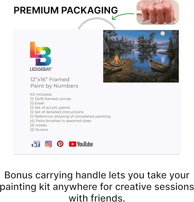 Ledgebay DIY Paint by Numbers Kit for Adults Framed Canvas: Beginner to Advanced Paint by Numbers Kit, Kits Include Acrylic Paint Set Brushes Tabletop Easel (Moonlight Bay 12" x 16" Framed)