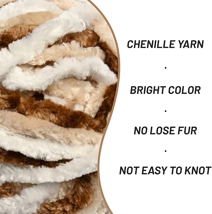 Fuzzy Chunky Chenille Yarn for Crocheting，Soft Plush Yarns for Hand Knitting，Bulky 3x100g（3x49.2 yd） Baby Blanket Yarn for Crocheting Amigurumi，Crochet Fluffy Velvet Yarns (3 White Coffee)