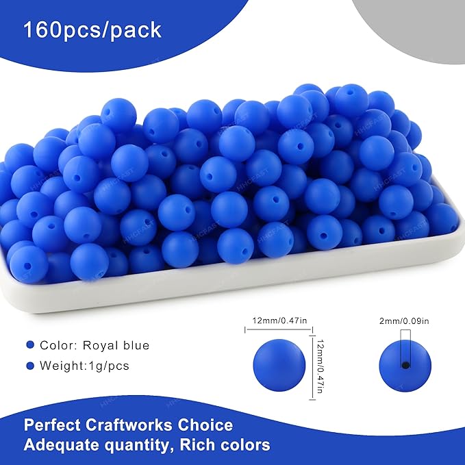 160Pcs 12mm Silicone Beads for Keychain Making Bracelet Necklace, Bulk Round Silicone Beads for Pens（Royal Blue）