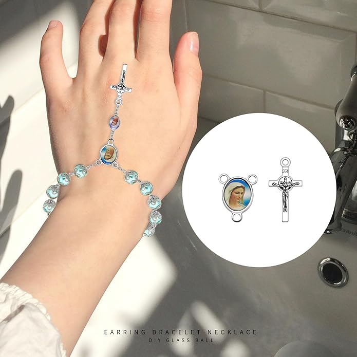 60Pcs/30Sets Rosary Making Kits Supplies Alloy Religion Cross and Center Medal Charms Pendant Oval Chandelier Links for Diy Prayer Necklace Jewelry