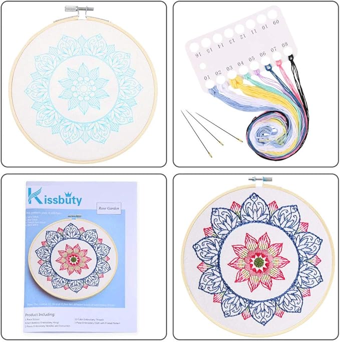 KISSBUTY Full Range of Embroidery Starter Kit with Pattern, Cross Stitch Kit Including Embroidery Fabricwith Floral Pattern, Bamboo Embroidery Hoop, Color Threads and Tools Kit (Blue Mandala)