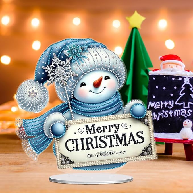 LAKEQUILL Christmas Diamond Painting Kits, Tabletop Ornament, Stand Up Diamond Art Desktop Kits for Home Office Decor, New Year Gift - Snowman (Blue)