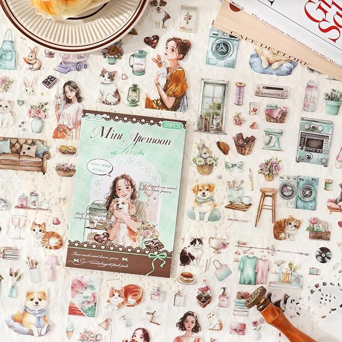 Scrapbook Sticker Book for Scrapbooking and Journaling, People Pet Coffee Theme, 20 Sheets 3.9x5.9 inches, Precut Transparent PET Stickers for Junk Journal Supplies, Collage, Scrap Book