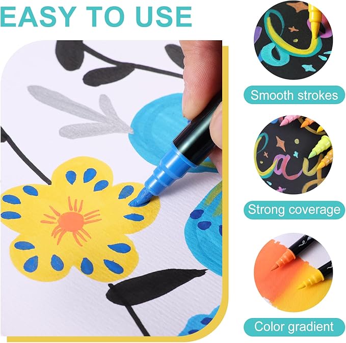 12 Colors Acrylic Paint Markers - Waterproof Dual Tip Acrylic Paint Pens with Brush & Fine Tip Professional Marker Set Scrapbook Markers for Paper Rock Wood Fabric Glass Ceramic and DIY Crafts