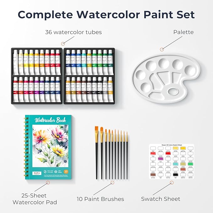 nicpro watercolor paint set for adults, 36 colors watercolor tube set (12ml,0.4oz) with10 paint brushes, 25-sheet watercolor paper book, palette, water color painting supplies for artists beginners gift