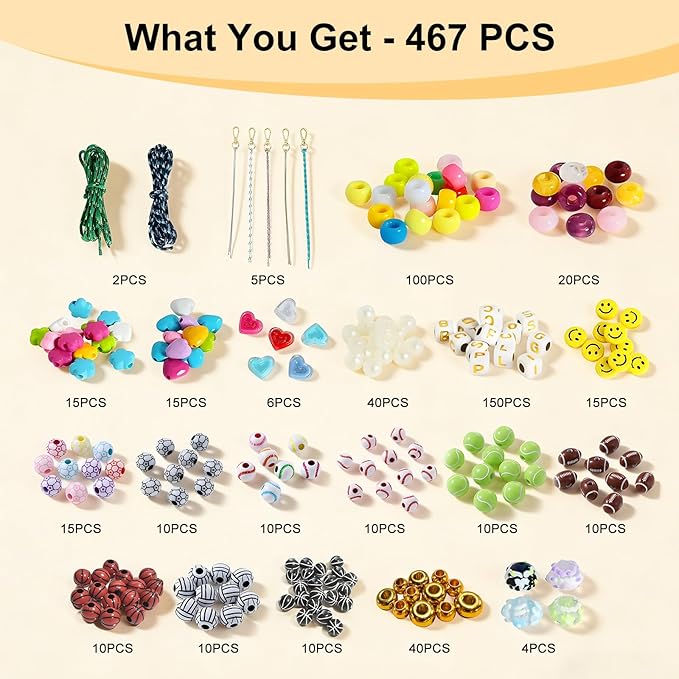 CJZMBSTY 467PCS DIY Sports Bead Keychain Making Kit, Crafts for Bag Charm Bracelet with 6 Ball Types Football Basketball Baseball Tennis Volleyball Rugby, Easy for Beginners and Ball Lover