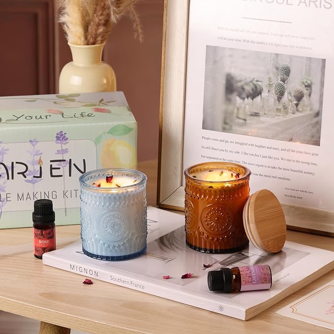DARJEN Candle Making Kits for Adults- Soy Candle Making Supplies with 2 Candle Jars(Blue, Amber), Wax, Scents, Card & More, DIY Starter Candle Making Kit, Full Set DIY Arts & Crafts Gift