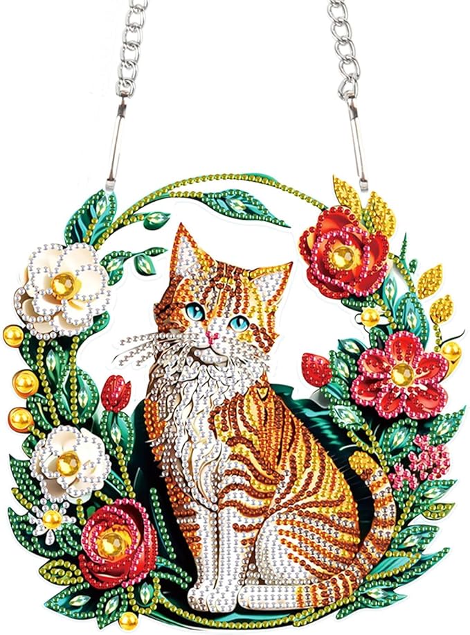 Flower Birdcage Design DIY Diamond Art Painting Wreath Kits Special Shaped Rhinestone Diamond Art Window Pendants Home Garden Wall Hanging Kits (Single Side Point Drill) (#11-Cat) (#11-Cat)