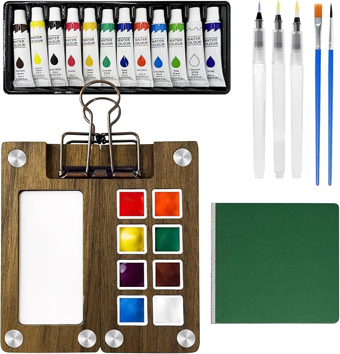 Mini Watercolor Paint Set, Travel Paint kit, Pocket Watercolor Set with Paint, Brush, Sketchbook & Copper Clip for Beginners, Artists & Painting Lovers