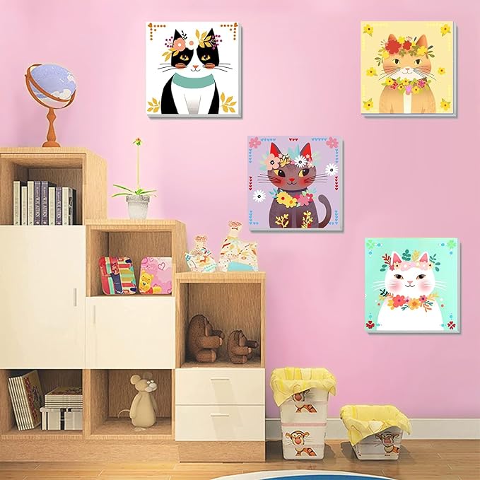 4 Pack Cat Paint by Number for Kids with Wooden Frame, Paint by Numbers for Kids Cats Ages 4-8-12, Easy Cat DIY Acrylic Oil Painting Kits for Home Wall Decor (8X8 inch)
