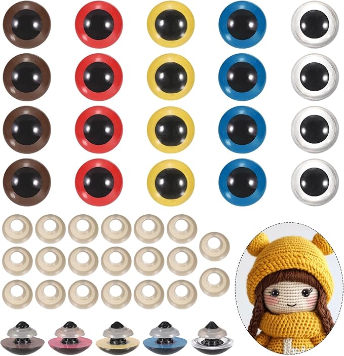 PATIKIL 22mm Safety Eyes, 20Pcs Realistic Doll Crocheting Safety Eyes with Washers for Decor Crochet Accessories Dolls Craft Halloween, Brown/Blue/Clear/Red/Yellow