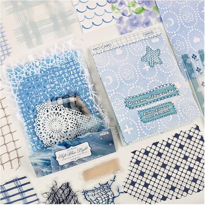 Diuhofart Floral Lace Textured Papers for Crafts, Blue Theme Scrapbook Paper Stickers, 47 Sheets Collage Materials Mesh for Junk Journaling Supplies Scrapbooking
