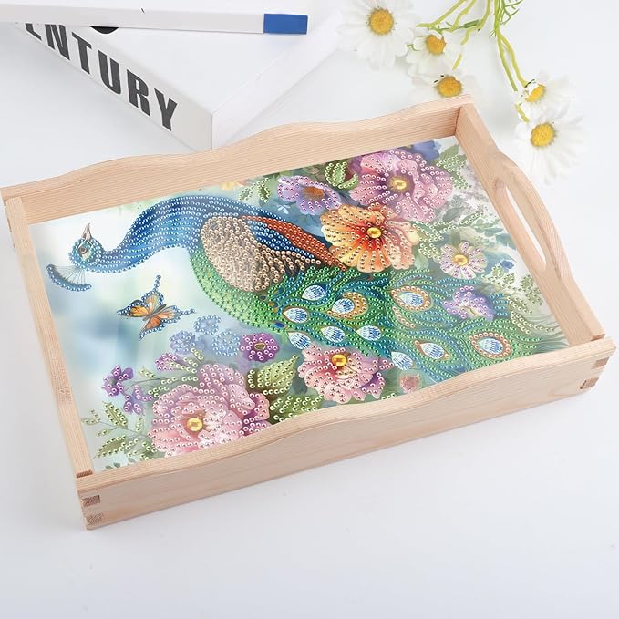 DIY Diamond Art Tray with Handle Diamond Art Painting Plate Creative Design Handmade Wooden Tray Mosaic Making Kits by Number Kits Diamond Art for Coffee Living Room Home Organizer (Peacock)