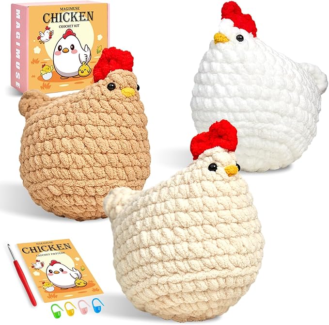 MAGIMUSE Crochet Kit for Beginners, Crochet Starter Kits for Adults Amigurumi Craft Knitting Crochet Animals Kits with Step-by-Step Video Tutorials, 3 Pcs Chicken (40%+ Yarn)