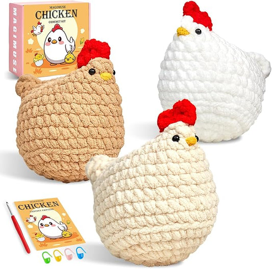 MAGIMUSE Crochet Kit for Beginners, Crochet Starter Kits for Adults Amigurumi Craft Knitting Crochet Animals Kits with Step-by-Step Video Tutorials, 3 Pcs Chicken (40%+ Yarn)