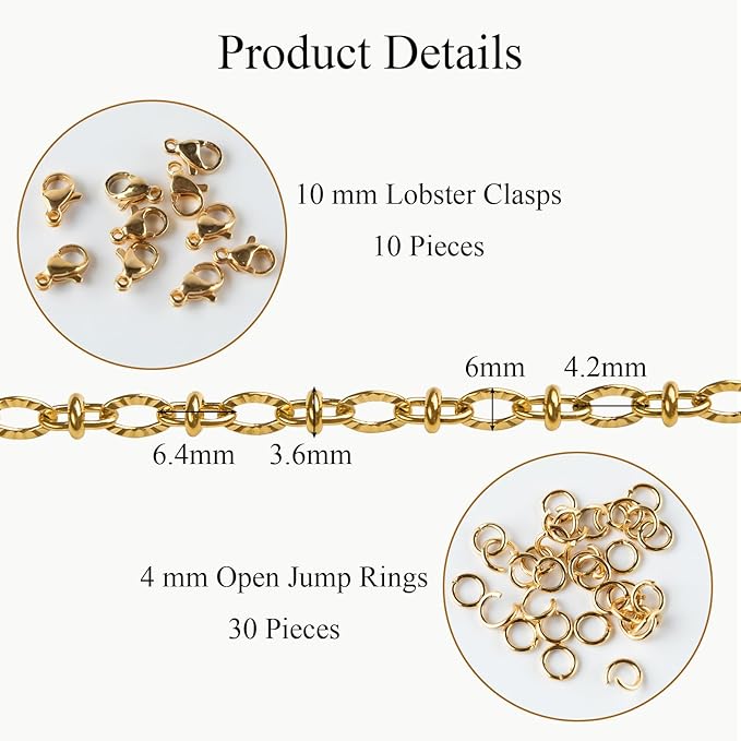 Jabogrii 13 Feet Gold Plated Embossed Oval Cable Chain for Jewelry Making Shiny Stainless Steel Jewelry Making Chains Bulk