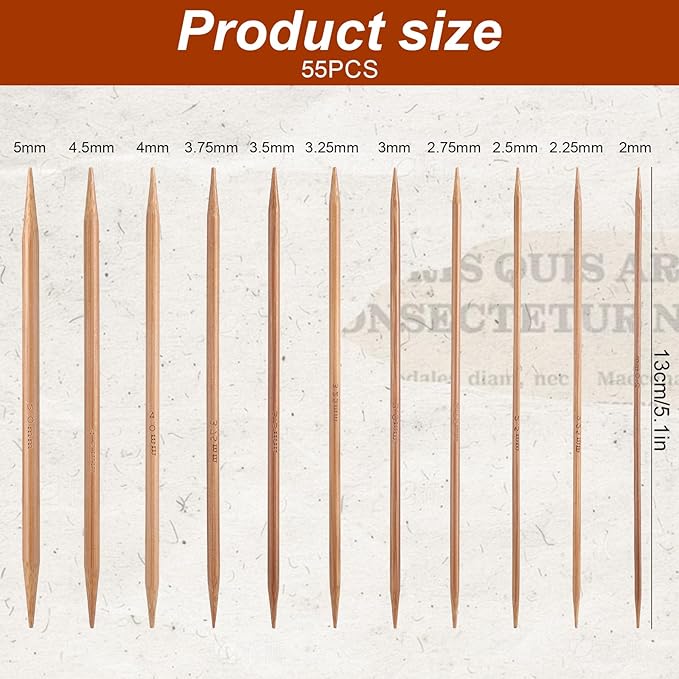 55 PCS Double Pointed Knitting Needles Set, 11 Sizes Wooden Bamboo Knitting Needles Kit, 13cm/5.1in Wood Straight Crochet Needle for Beginners Making Sweater Scarf Sock Shawl Weave