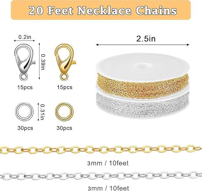 SANNIX 20 Feet Necklace Chains 3mm Jewelry Making Chains for Necklace Earring Bracelet Jewelry Making Supplies, Metal Chain Necklace with Lobster Clasps and Jump Rings for DIY Craft, Silver & Gold